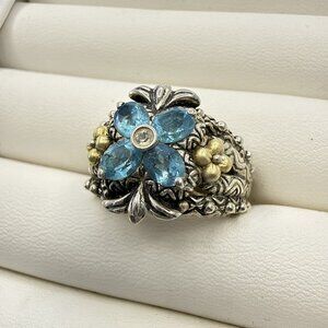 Barbara Bixby Ring 18K Gold Sterling Silver Blue Topaz Flower Floral Size 8